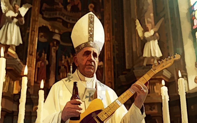 Pabst Benedikt mit Gitarre und einer Pulle Bier in der Hand